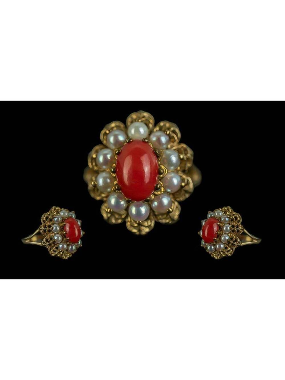 Vintage Red Coral and Pearl Statement Ring 9ct Yellow Gold, Engagement Gift
